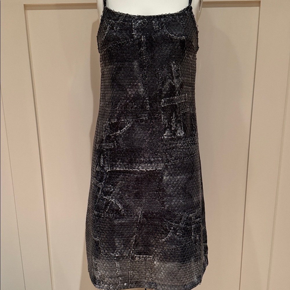 VERSACE JEANS Y2K TROMPE L’OEUIL DENIM PRINT FINISHED WITH SEQUINS SIZE EU 42/6